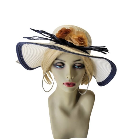 WHITE Paper Straw Hat Blue Trim Floral Embellish Wide Brim Sun Beach Hat - Picture 4 of 13